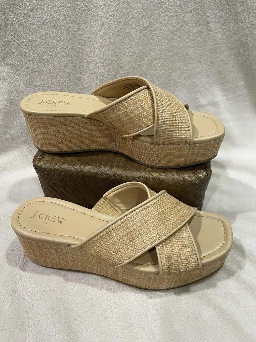 J.Crew Factory Raffia Crisscross Platform Wedge Sandals Size 8 Natural Beige